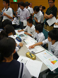 公開授業で班ごとに意見を出し合う島田市立金谷中の２年生たち