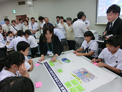 岩浅牧教諭（中央）の指導で高校生と自分たちのアンケート結果を比べる阿南市立椿中生徒