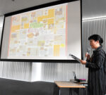 外国ルーツの子供たち向けの新聞切り抜き作品づくりについて発表する中日新聞NIE事務局の岩下理花さん